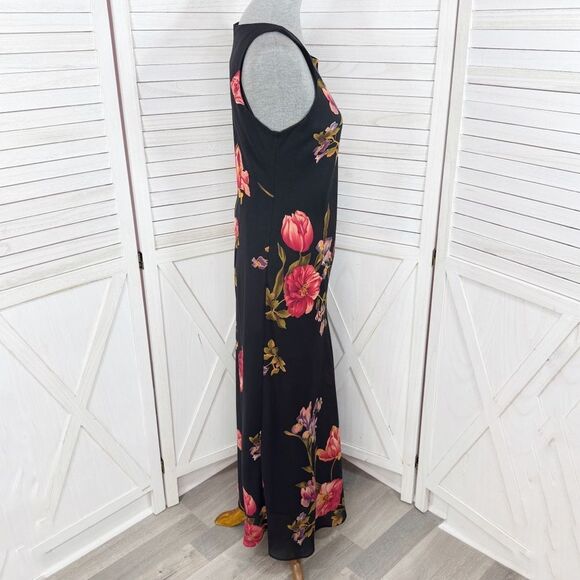 Vintage 90s Positive Attitude Floral Maxi Slip Dress Black Medium Glam Grunge - Picture 3 of 11